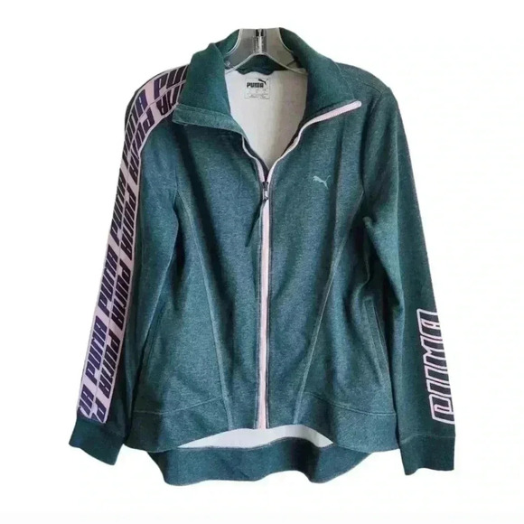 Puma Green Zip Sweatshirt | Women’s M | Pink Accents, Hi-Low Hem, Branded Sleeve - Picture 1 of 13